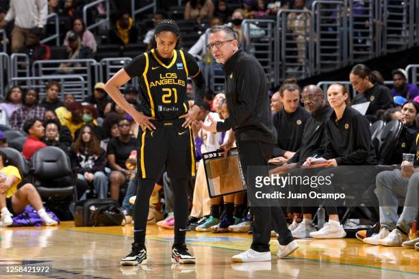 Head Coach Curt Miller and Jordin Canada of the Los Angeles Sparks talk during the game against the Seattle Storm on June 3, 2023 at Crypto.Com Arena...
