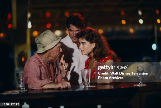 San Francisco, CA Burgess Meredith, Thomas Byrd, Brooke Shields appearing in the ABC tv movie ''Wet Gold'.