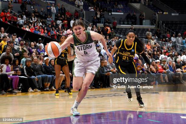 Jade Melbourne of the Seattle Storm drives to the basket during the game against the Los Angeles Sparks on June 3, 2023 at Crypto.Com Arena in Los...
