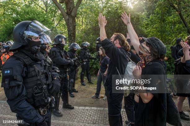 Protestors confront police officers a during left-wing demonstration. The so-called "national day of Action" or "Tag X" was organized by the far-left...