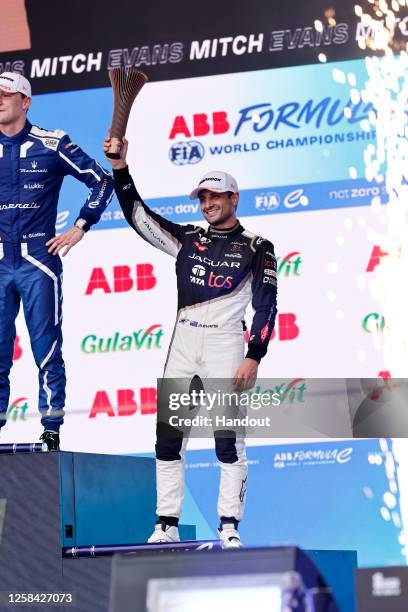 In this handout from Jaguar Racing, Mitch Evans, Jaguar TCS Racing, 3rd position, celebrates on the podium during the ABB FIA Formula E Championship...