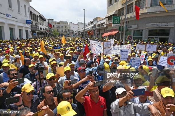 Members of Morocco's Democratic Confederation of Labour trade union attend a demonstration in Casablanca on June 4 to denounce the deterioration of...