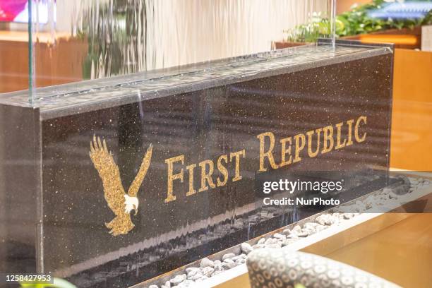 Night view of a First Republic Bank branch illuminated, with open lights in Manhattan, New York City. The branch will have a renovation and face...