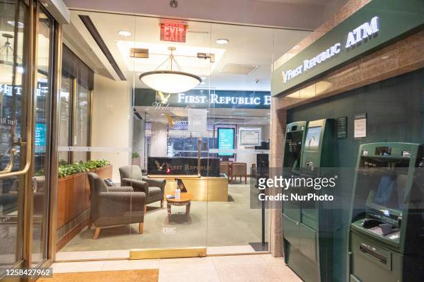 Night view of a First Republic Bank branch illuminated, with open lights in Manhattan, New York City. The branch will have a renovation and face...
