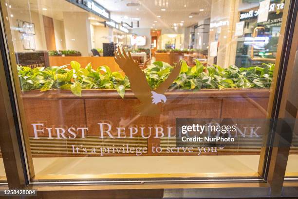 Night view of a First Republic Bank branch illuminated, with open lights in Manhattan, New York City. The branch will have a renovation and face...