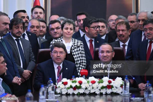 Newly appointed Turkish Minister of Justice YÄ±lmaz Tunc is seen during handover ceremony with former Turkish Minister of Justice Bekir Bozdag at the...