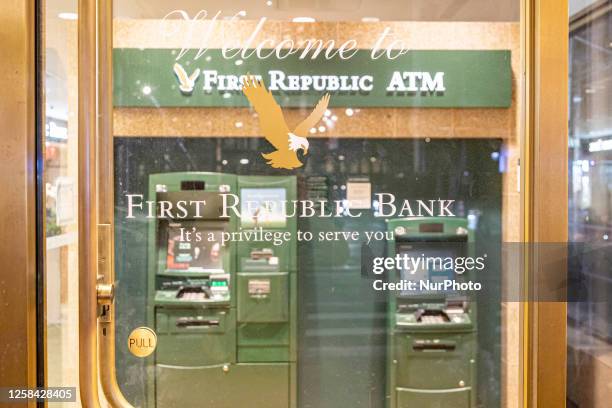 Night view of a First Republic Bank branch illuminated, with open lights in Manhattan, New York City. The branch will have a renovation and face...