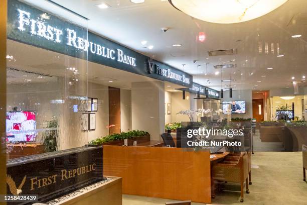 Night view of a First Republic Bank branch illuminated, with open lights in Manhattan, New York City. The branch will have a renovation and face...