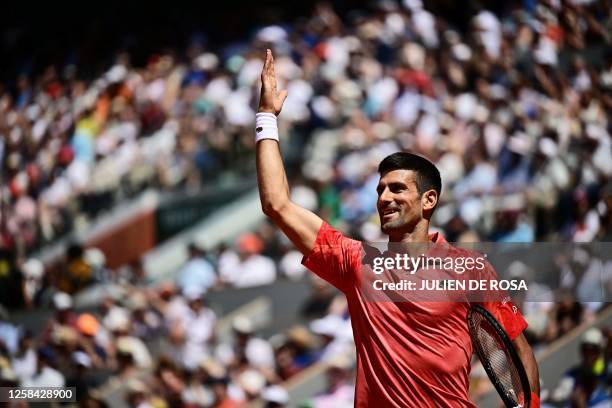 Serbia's Novak Djokovic reacts as he plays against Peru's Juan Pablo Varillas during their men's singles match on day eight of the Roland-Garros Open...