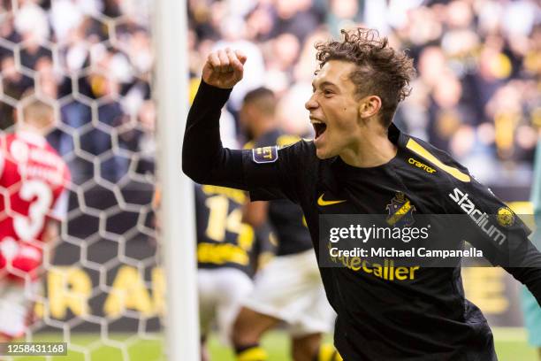 S Victor Goncalves Andersson celebrates after scoring the 1-1 equalizing goal during an Allsvenskan match between AIK and Kalmar FF at Friends Arena...
