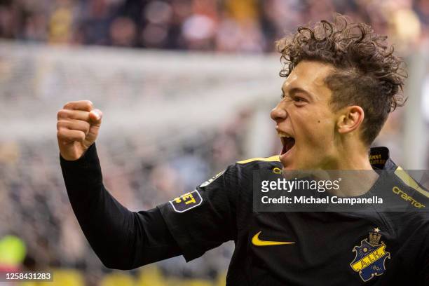 S Victor Goncalves Andersson celebrates after scoring the 1-1 equalizing goal during an Allsvenskan match between AIK and Kalmar FF at Friends Arena...