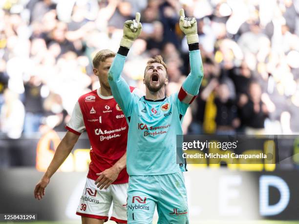 Kalmar's goalkeeper Ricardo Henrique Schuck Friedrich celebrates after making a save during an Allsvenskan match between AIK and Kalmar FF at Friends...