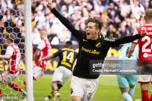 S Victor Goncalves Andersson celebrates after scoring the 1-1 equalizing goal during an Allsvenskan match between AIK and Kalmar FF at Friends Arena...