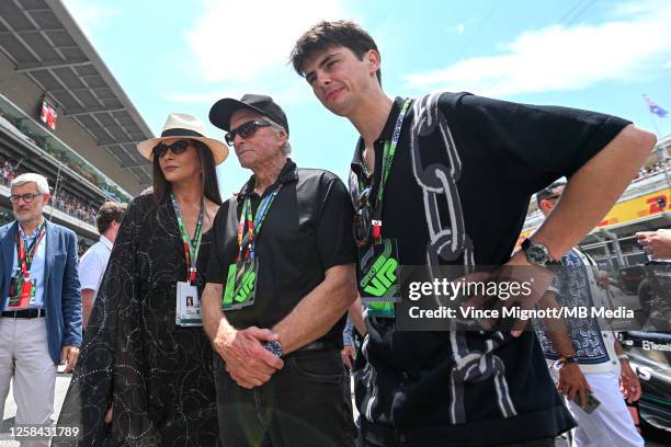 Catherine Zeta-Jones , Michael Douglas and son Dylan Douglas on the grid during the F1 Grand Prix of Spain at Circuit de Catalunya on June 4, 2023 in...