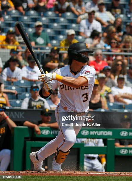 Ji Hwan Bae of the Pittsburgh Pirates hits a two-RBI single in the first inning against the St. Louis Cardinals at PNC Park on June 4, 2023 in...