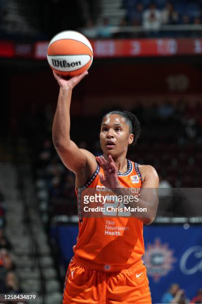 Alyssa Thomas of the Connecticut Sun shoots a free throw during the game against the Dallas Wings on June 4, 2023 at the Mohegan Sun Arena in...