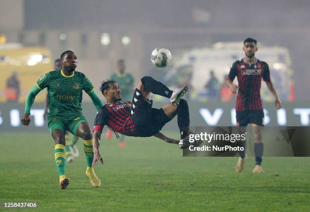 Zineddine Belaid of USM Alger vies for the ball, during the 2022/2023 CAF Confederation Cup Final, football match between USM Alger of Algeria and...