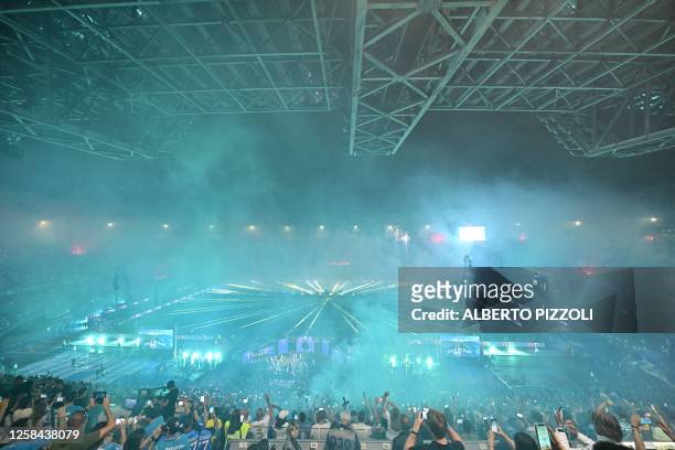 General view shows the stadium as Napoli's players celebrate winning the 2023 Scudetto championship title on June 4 following the Italian Serie A...