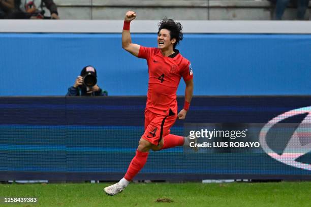 South Korea's defender Choi Seok-hyun celebrates after scoring his team's first goal during the Argentina 2023 U-20 World Cup quarter-final football...