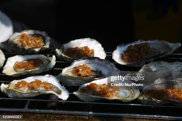 Oysters cooking on a small charcoal barbeque during a festival in Unionville, Ontario, Canada, on June 03, 2023.