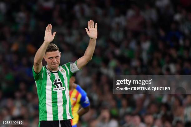 Real Betis' Spanish midfielder Joaquin reacts to the acclaiming crowd during the Spanish league football match between Real Betis and Valencia CF at...