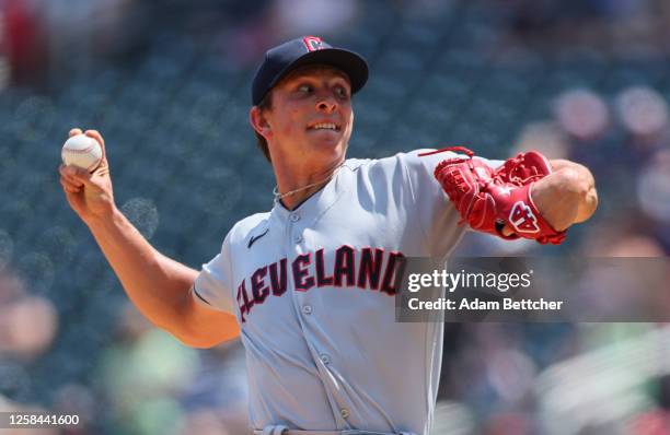 James Karinchak of the Cleveland Guardians pitches against the Minnesota Twins in the sixth inning at Target Field on June 4, 2023 in Minneapolis,...