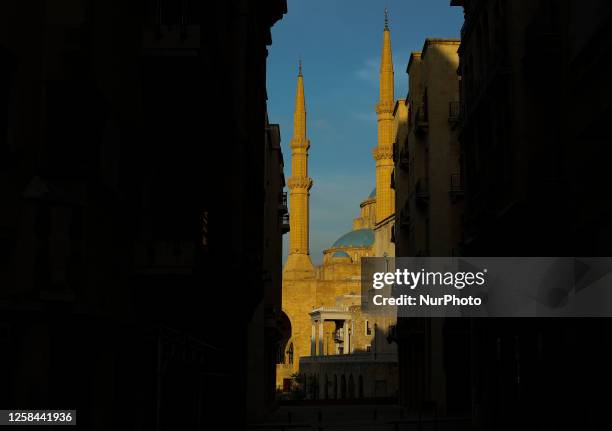 View of the Mohammad Al Amin Mosque from the closed protected area of Down Town in the center of Beirut. Lebanon, Sunday, June 4th, 2023.