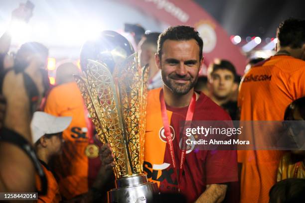 Juan Mata of Galatasaray lifts the Super Lig during the Super Lig match between Galatasaray and Fenerbahce at NEF Stadyumu on June 4, 2023 in...