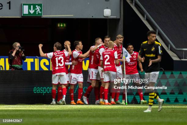 Kalmar players celebrate scoring the 1-0 goal during an Allsvenskan match between AIK and Kalmar FF at Friends Arena on June 4, 2023 in Solna, Sweden.