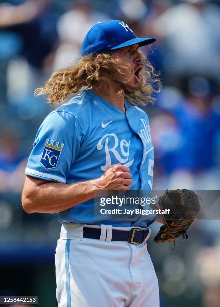 Scott Barlow of the Kansas City Royals celebrates after recording the last out of ninth inning against the Colorado Rockies on June 4, 2023 in Kansas...