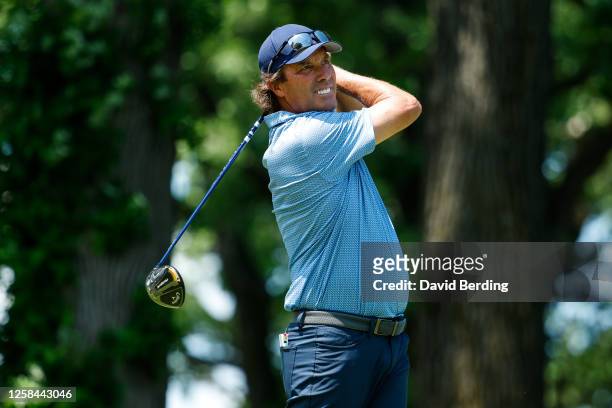 Stephen Ames of Canada plays his shot from the 10th tee during the final round of the Principal Charity Classic at Wakonda Club on June 4, 2023 in...