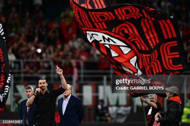 Milan's Swedish forward Zlatan Ibrahimovic speaks during a farewell ceremony following the Italian Serie A football match between AC Milan and Hellas...