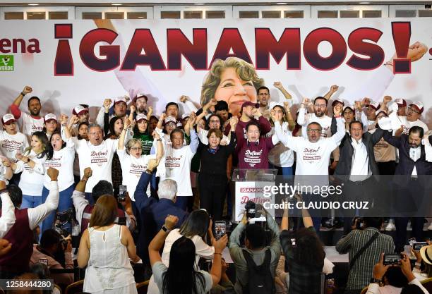 Delfina Gomez , candidate for governor for the State of Mexico for a coalition led by the ruling Morena political party, unofficially celebrates...