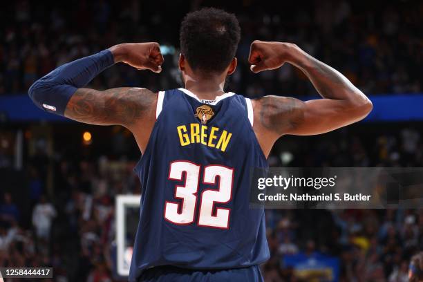 Jeff Green of the Denver Nuggets celebrates during Game Two of the 2023 NBA Finals against the Miami Heat on June 4, 2023 at the Ball Arena in...