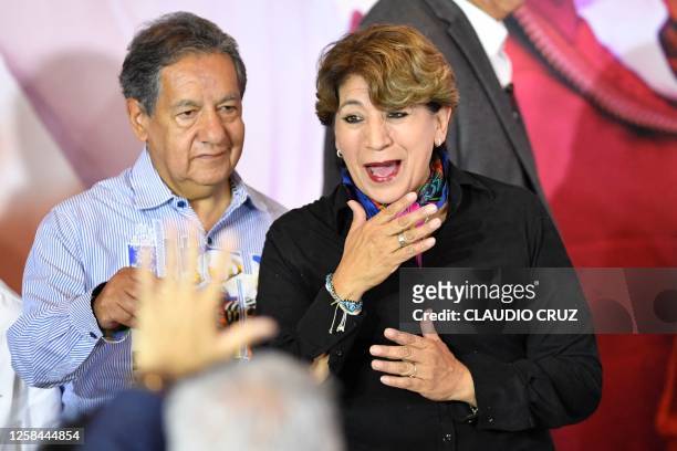 Delfina Gomez , candidate for governor for the State of Mexico for a coalition led by the ruling Morena political party, unofficially celebrates...
