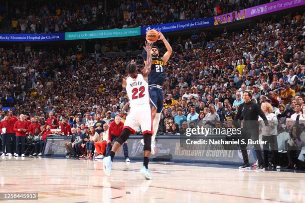 Jamal Murray of the Denver Nuggets shoots the ball during Game Two of the 2023 NBA Finals against the Miami Heat on June 4, 2023 at the Ball Arena in...