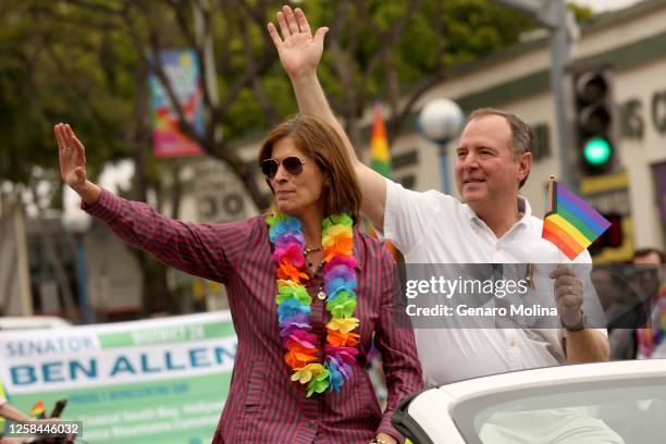 Representative Adam Schiff and his wife Eve, process down Santa Monica Blvd. While showing their support for the gay community during the WeHo Pride...