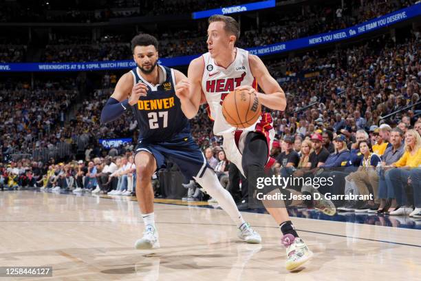 Jamal Murray of the Denver Nuggets plays defense against Duncan Robinson of the Miami Heat during Game Two of the 2023 NBA Finals on June 4, 2023 at...