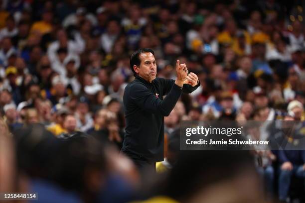 Head Coach Erik Spoelstra of the Miami Heat looks on during the game during game two of the 2023 NBA Finals on June 4, 2023 at the Ball Arena in...