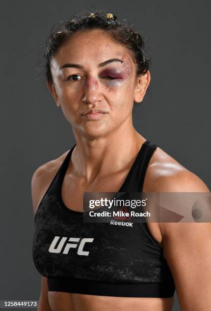 Carla Esparza poses for a portrait after her victory during the UFC Fight Night event inside Flash Forum on UFC Fight Island on July 26, 2020 in Yas...