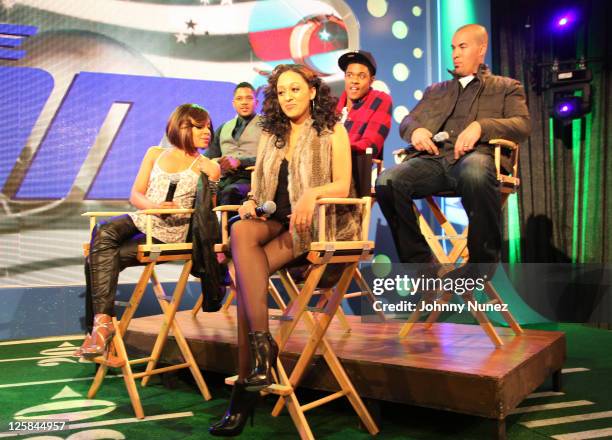 Actors Wendy Raquel Robinson, Hosea Chanchez, Pooch Hall, Coby Bell, and Tia Mowry visit BET's "106 & Park" at BET Studios on January 11, 2011 in New...