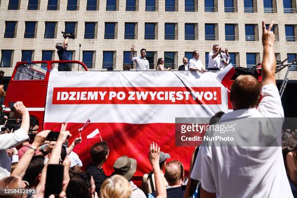 'We are going for victory' banner is seen on a bus during an anti-government 'Freedom March' on the 34th anniversary of Poland's first postwar...