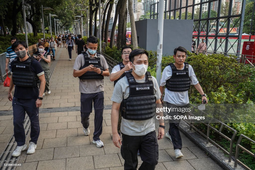 Police patrol at the Victoria Park during the 34th...