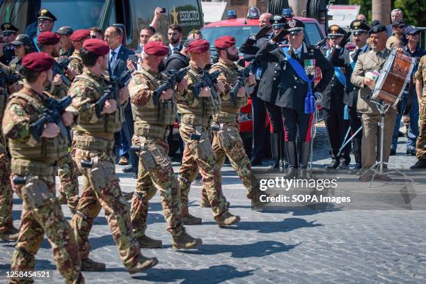 Special forces of the Carabinieri pay homage to a General of the Carabinieri in the parade to celebrate the 78th Italian Republic Day in via dei Fori...