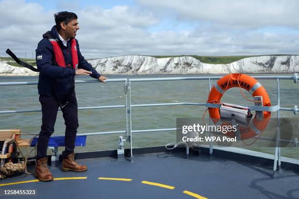 Prime Minister Rishi Sunak onboard Border Agency cutter HMC Seeker during a visit to Dover, ahead of a press conference at Western Jet Foil in Dover,...