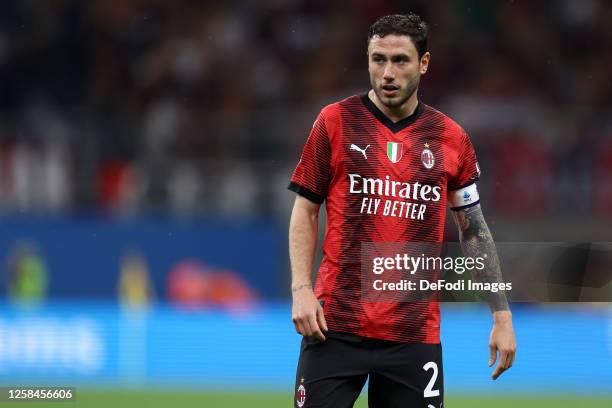 Davide Calabria of Ac Milan looks on during the Serie A match between AC Milan and Hellas Verona at Stadio Giuseppe Meazza on June 4, 2023 in Milan,...