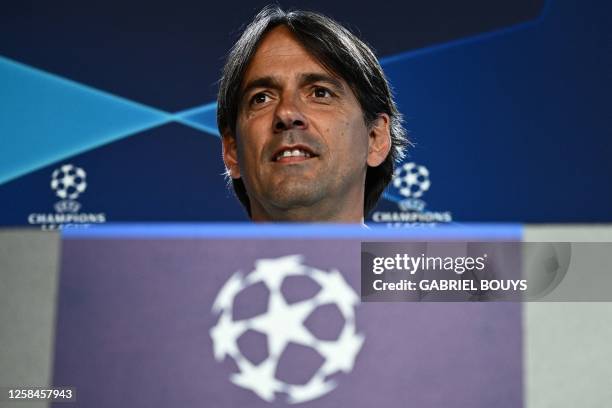 Inter Milan's Italian head coach Simone Inzaghi attends a press conference on June 5, 2023 at the club's training ground in Appiano Gentile, north of...