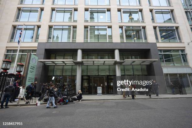 Press members wait in front the Royal Courts of Justice building where the hearing of privacy and wiretapping case between son of King Charles III of...