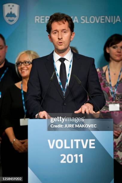 Gregor Virant, Slovenian politician and leader of List-Virant party speaks to press after unofficial results of early parliament elections were...