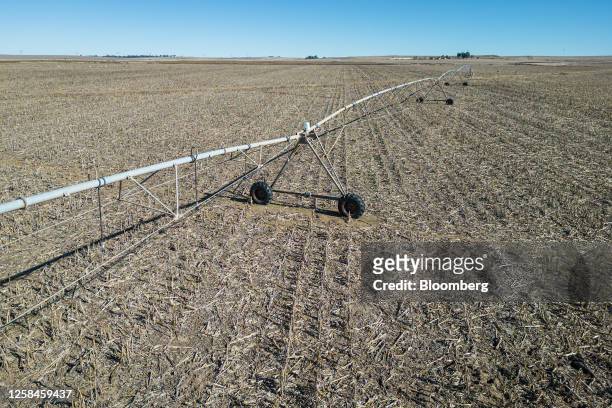 Centre-pivot irrigation system, idled due to loadshedding, in a dry maize field at Merrydale Farm near Frankfort, South Africa, on Friday, June 2,...